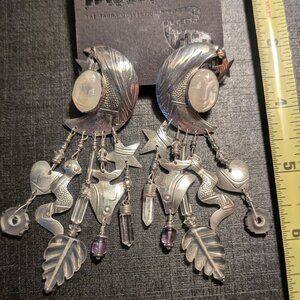 RARE TABRA CARVED MOONSTONES MOON FACE STERLING STAR MOON & STAR EARRINGS